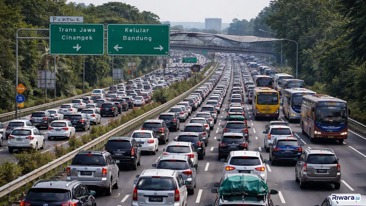 Iluatrasi Kepadatan kendaraan terjadi di ruas tol Trans Jawa saat arus mudik Lebaran, dengan volume lalu lintas meningkat signifikan.